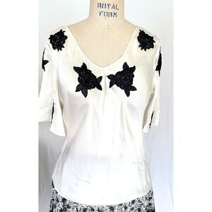 On Trend White Silk SatinTop with Black Lace Embroidery Large